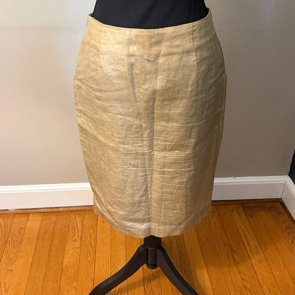 Casch  Metallic Gold Pencil Skirt Size 36 Linen Blend Minimalist Chic 4-6 us - Picture 6 of 6